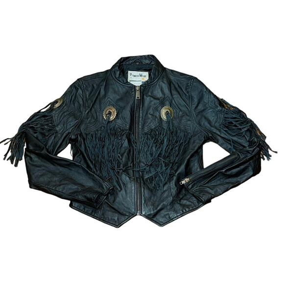 Vintage 70s Pioneer Wear Black Leather Fringe Western Jacket Size 12/ MEDIUM - Picture 2 of 16